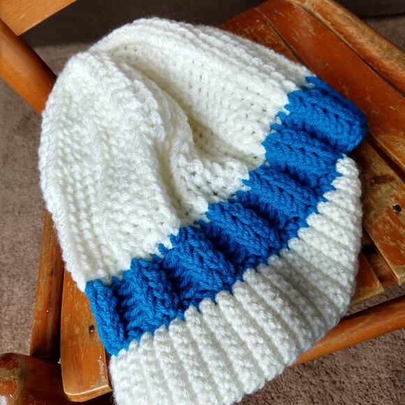 White Slouchy Hat with a Brim blue band crochet handmade OSFM ready to ship
